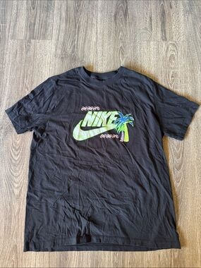 Nike Black Graphic Tee with Green and Blue Palm Logo
